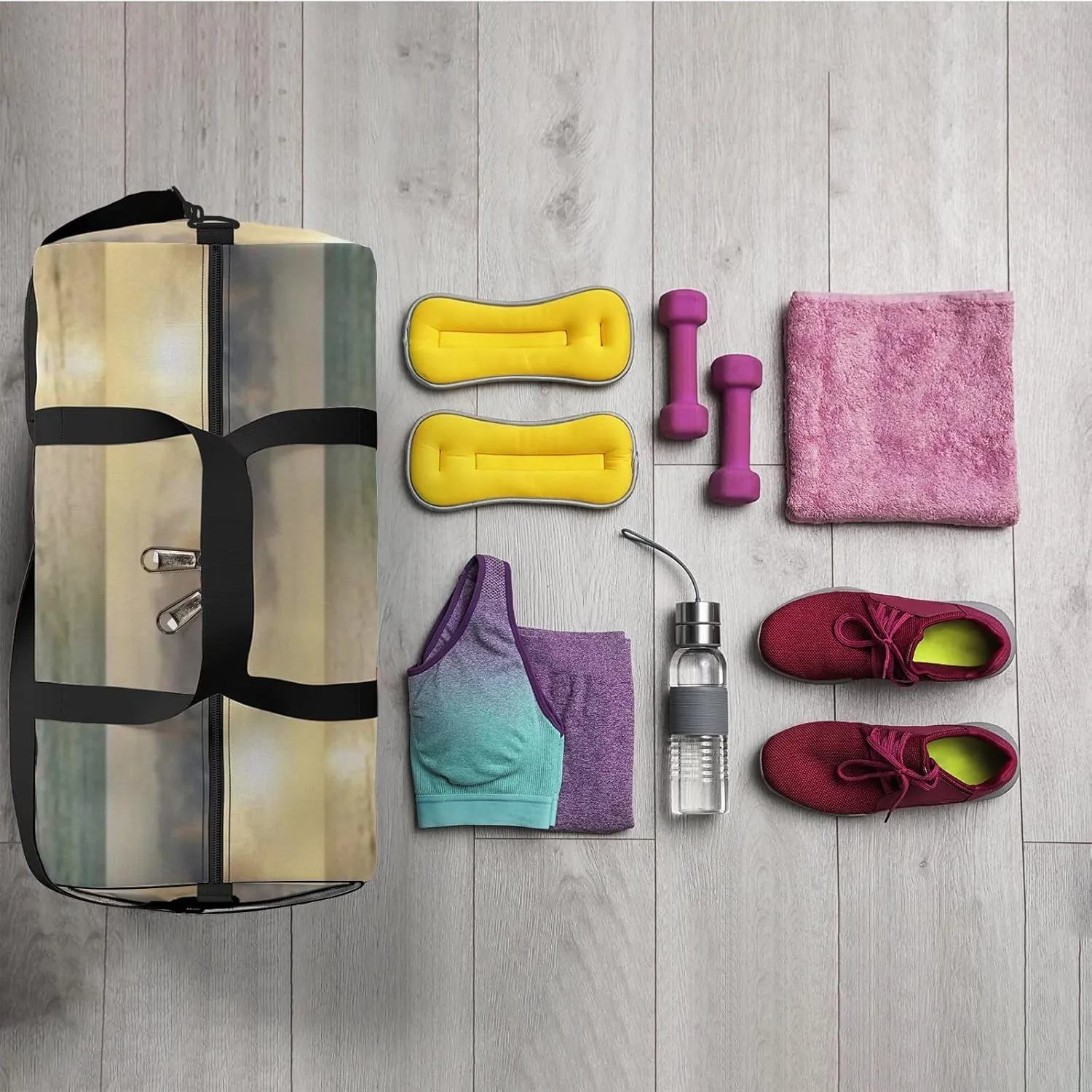 Sports Gym Bag for Women and Men Waterproof Sandy Seashore at Sunset Duffel Bag Lightweight Carryon Traveling Boarding Gripsack