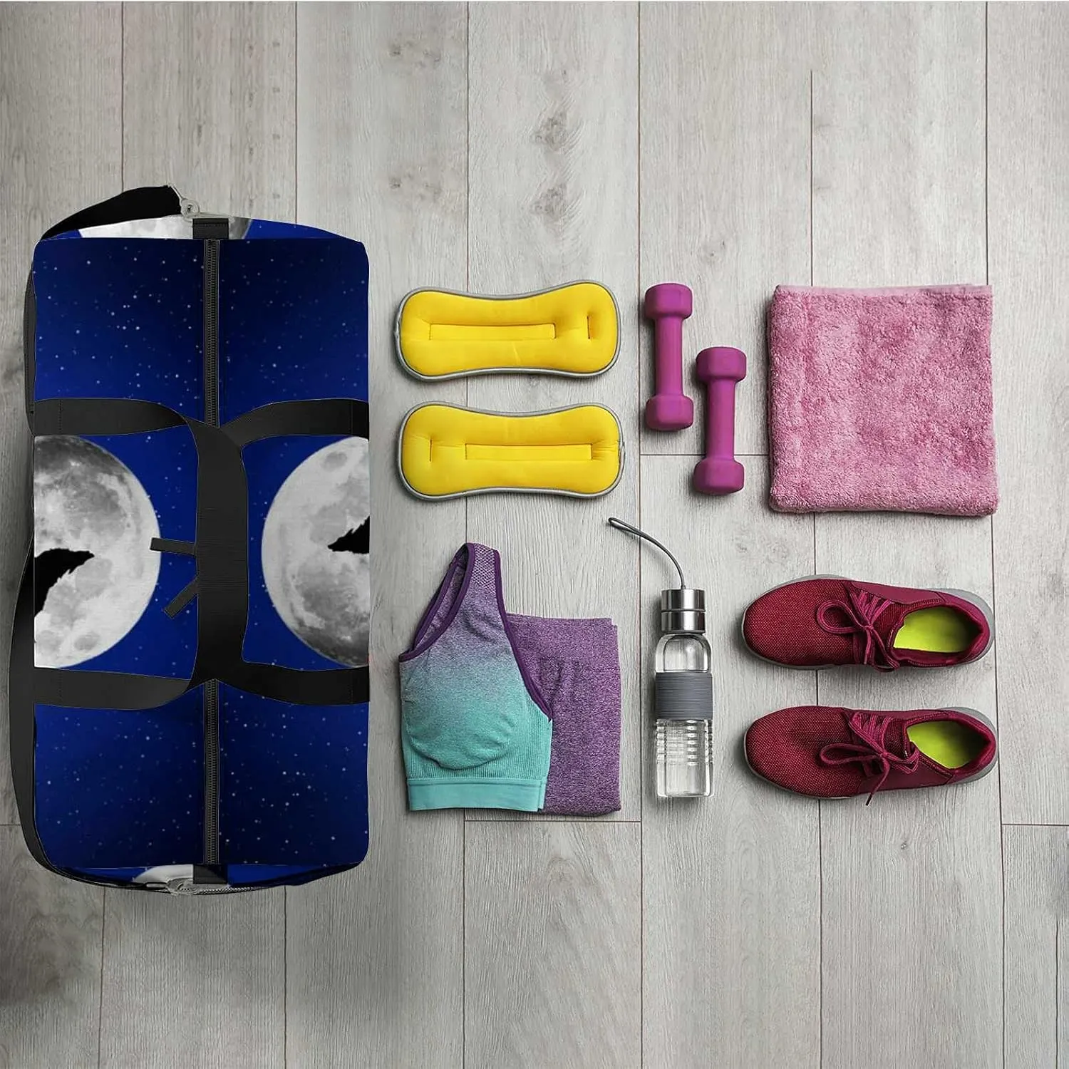 Sports Gym Bag for Women and Men Waterproof Wolf Scene Moon Duffel Bag Lightweight Carryon Traveling Boarding Gripsack