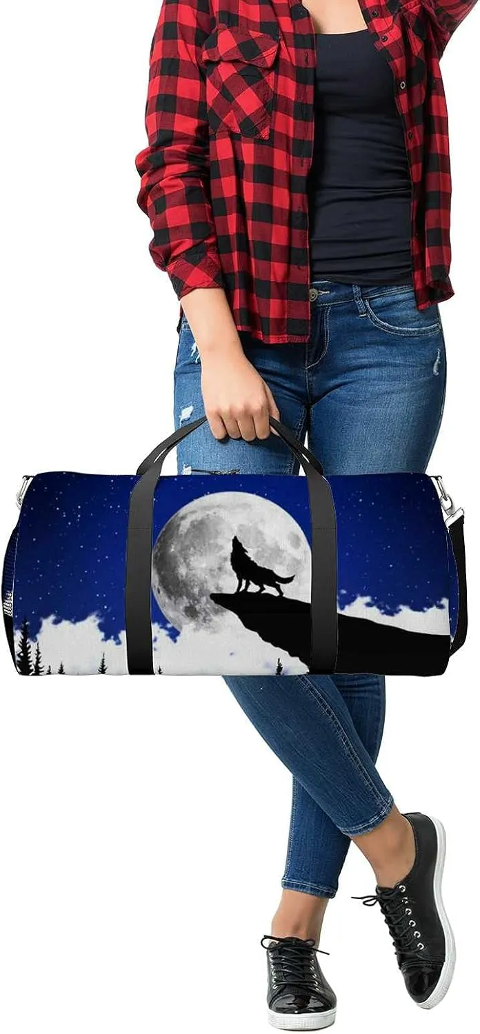 Sports Gym Bag for Women and Men Waterproof Wolf Scene Moon Duffel Bag Lightweight Carryon Traveling Boarding Gripsack
