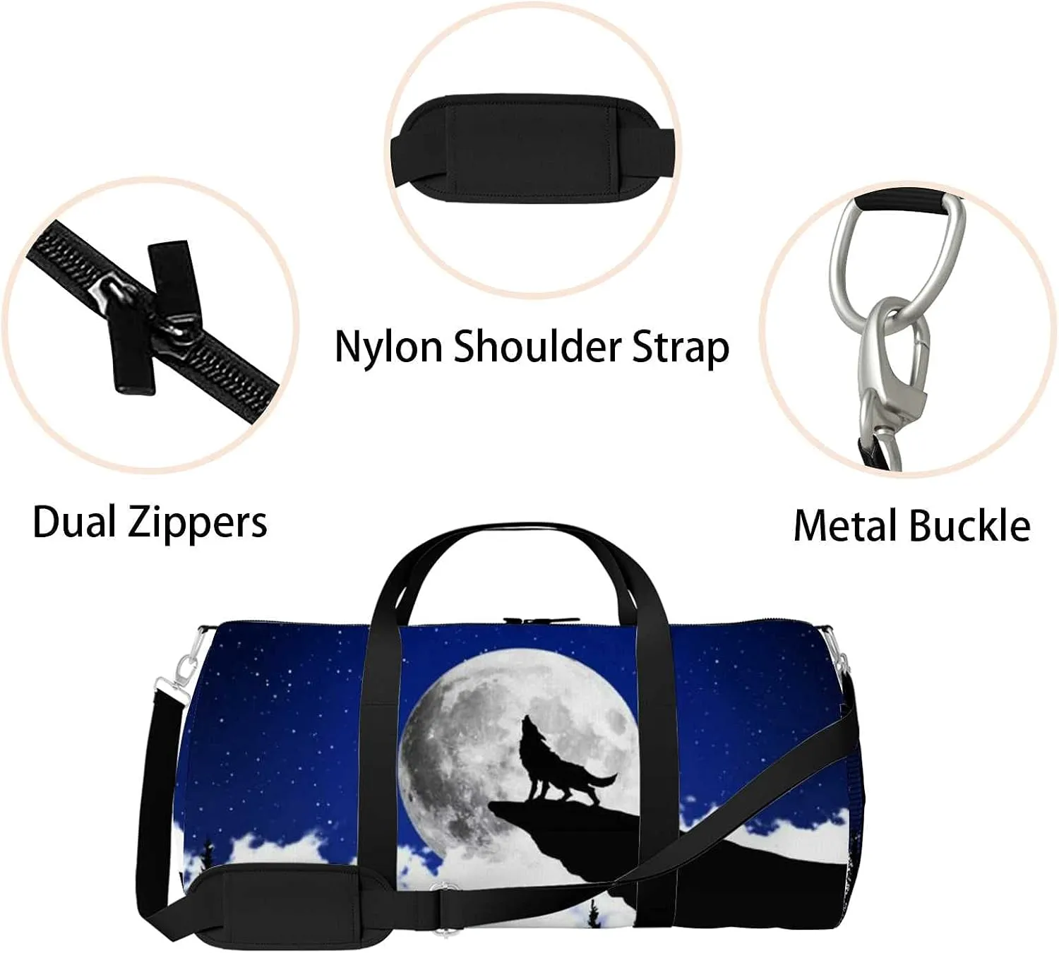 Sports Gym Bag for Women and Men Waterproof Wolf Scene Moon Duffel Bag Lightweight Carryon Traveling Boarding Gripsack