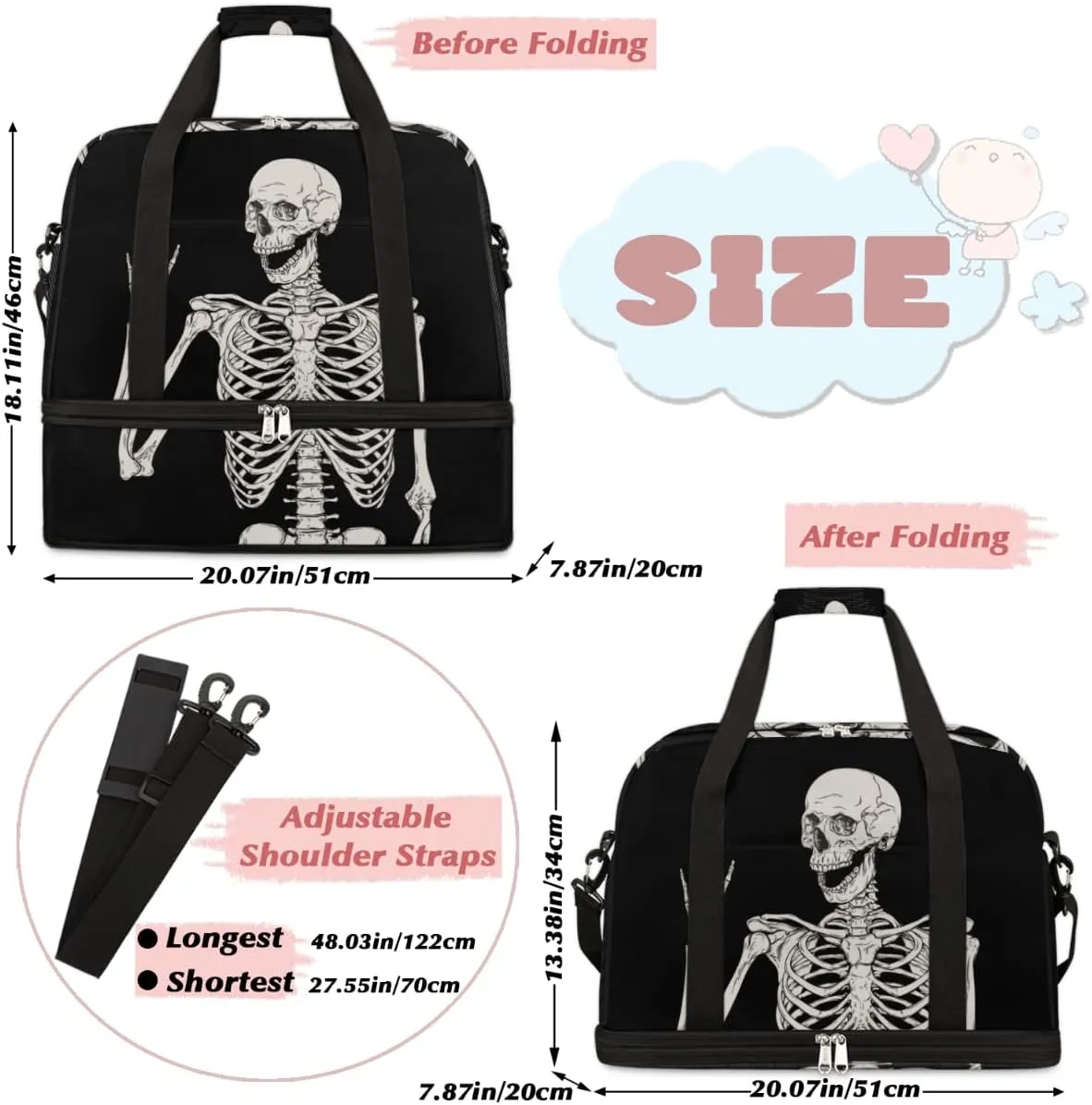 Sports Gym Bag, Human Skeleton Skull Halloween Travel Duffel Bag with Shoes Compartment Waterproof Overnight Bag Workout Weekender Bag Boys Girls Yoga Dance Bag Gym Tote Bag for Women Men