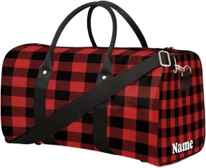 Sports Gym Duffel Bag Customized Name for Women & Men, Gingham Buffalo Check Waterproof Tote Beach Bag Foldable Personal Item Travel Bag for Weekender Overnight Dance Carry-On Bag