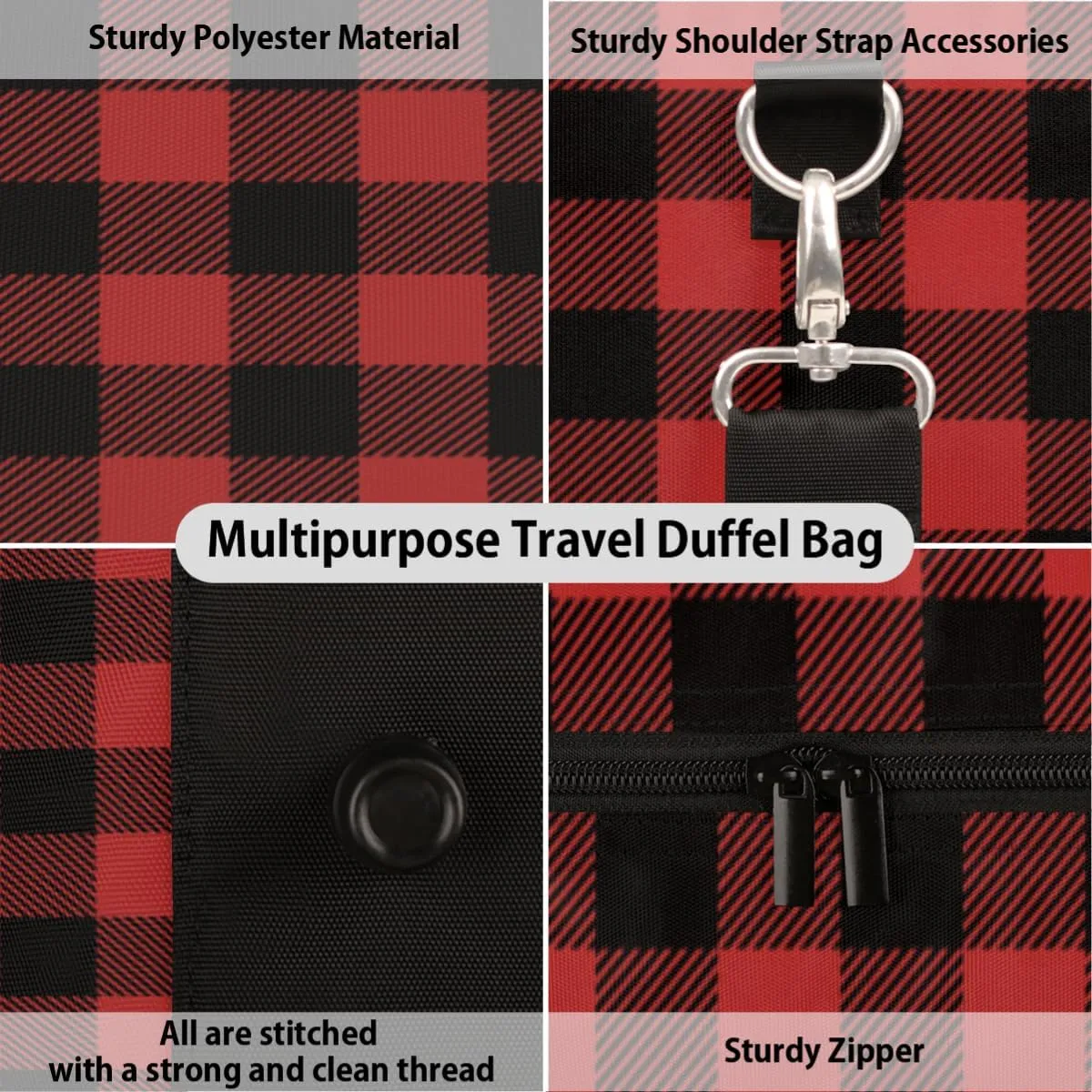 Sports Gym Duffel Bag Customized Name for Women & Men, Gingham Buffalo Check Waterproof Tote Beach Bag Foldable Personal Item Travel Bag for Weekender Overnight Dance Carry-On Bag