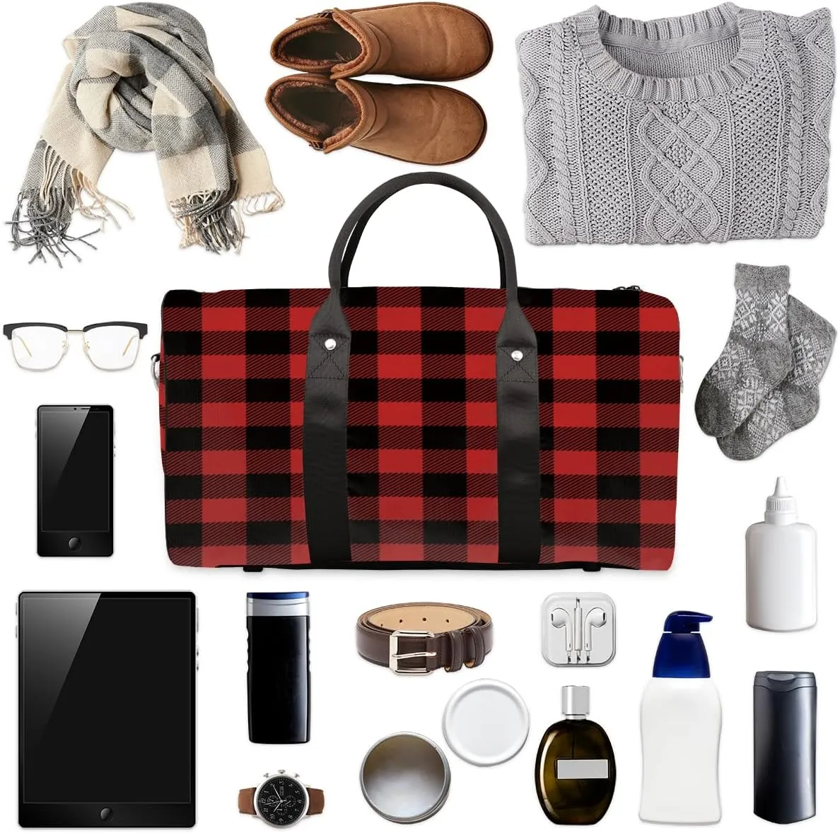Sports Gym Duffel Bag Customized Name for Women & Men, Gingham Buffalo Check Waterproof Tote Beach Bag Foldable Personal Item Travel Bag for Weekender Overnight Dance Carry-On Bag