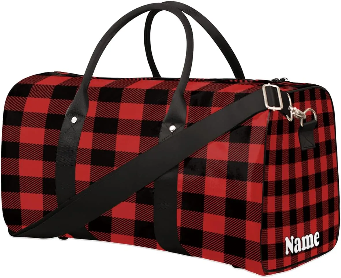 Sports Gym Duffel Bag Customized Name for Women & Men, Gingham Buffalo Check Waterproof Tote Beach Bag Foldable Personal Item Travel Bag for Weekender Overnight Dance Carry-On Bag