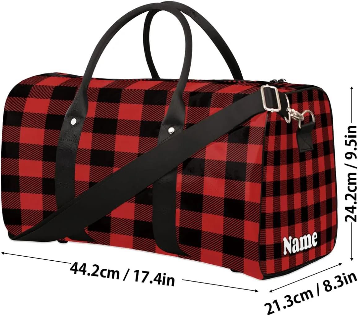 Sports Gym Duffel Bag Customized Name for Women & Men, Gingham Buffalo Check Waterproof Tote Beach Bag Foldable Personal Item Travel Bag for Weekender Overnight Dance Carry-On Bag