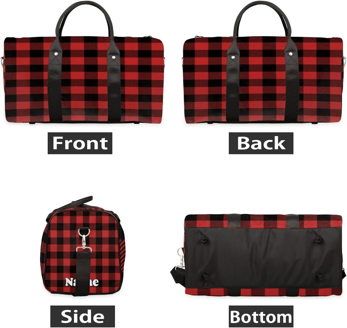 Sports Gym Duffel Bag Customized Name for Women & Men, Gingham Buffalo Check Waterproof Tote Beach Bag Foldable Personal Item Travel Bag for Weekender Overnight Dance Carry-On Bag
