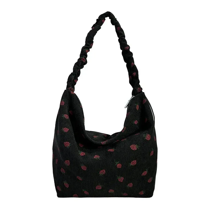 Strawberry Printed Shoulder Bag Pleated Corduroy Cross Body Messenger Bag New Large Capacity Ruched Shopping Bucket Bag Handbags
