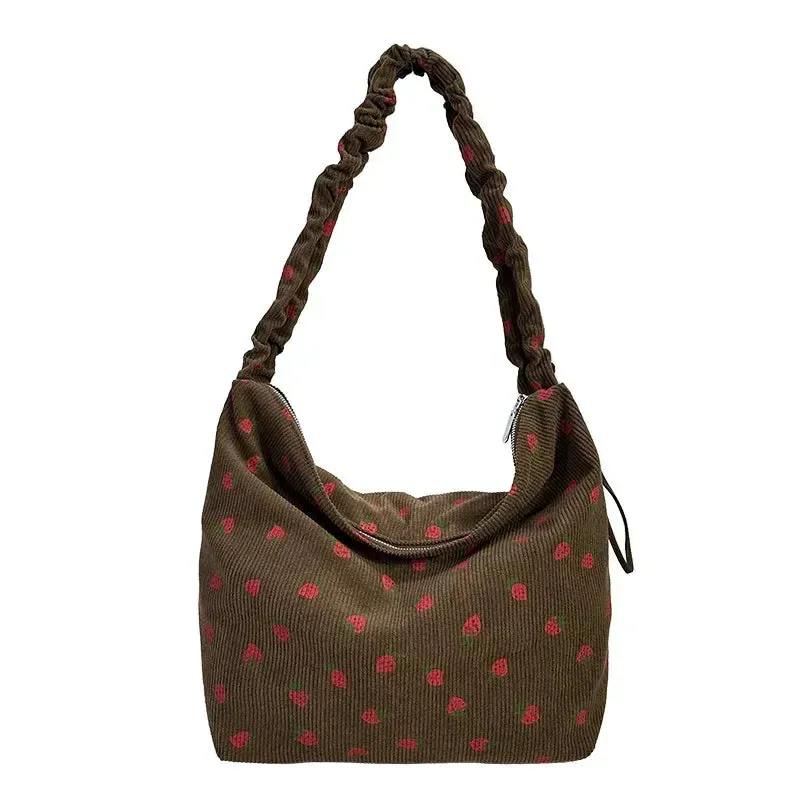 Strawberry Printed Shoulder Bag Pleated Corduroy Cross Body Messenger Bag New Large Capacity Ruched Shopping Bucket Bag Handbags