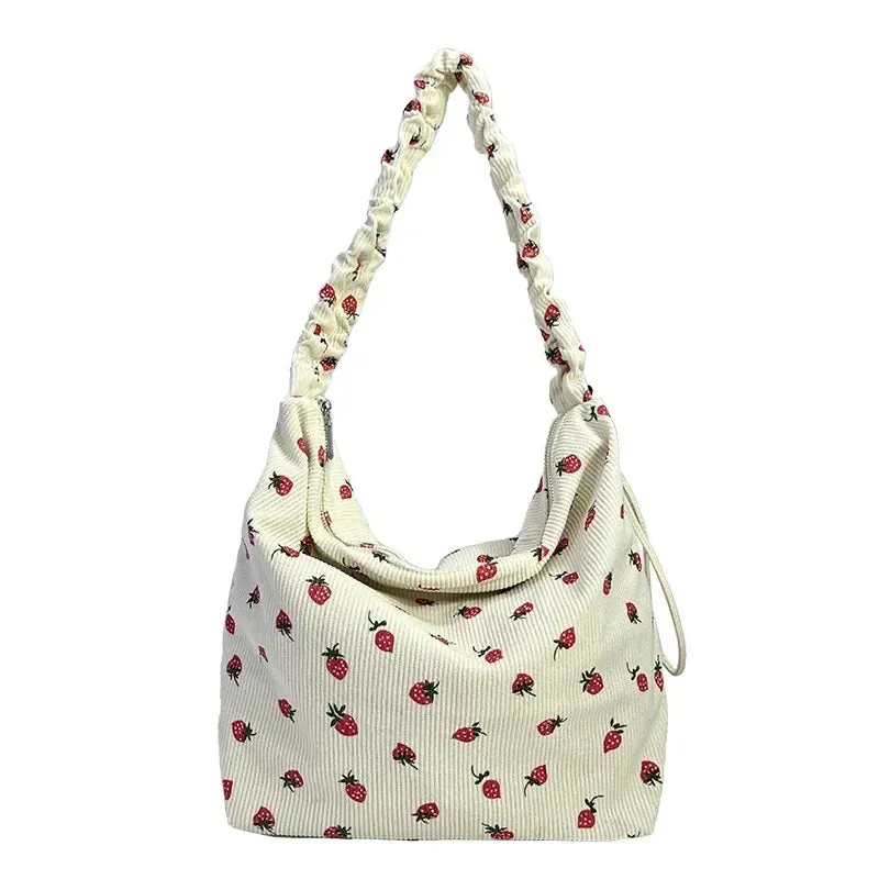 Strawberry Printed Shoulder Bag Pleated Corduroy Cross Body Messenger Bag New Large Capacity Ruched Shopping Bucket Bag Handbags