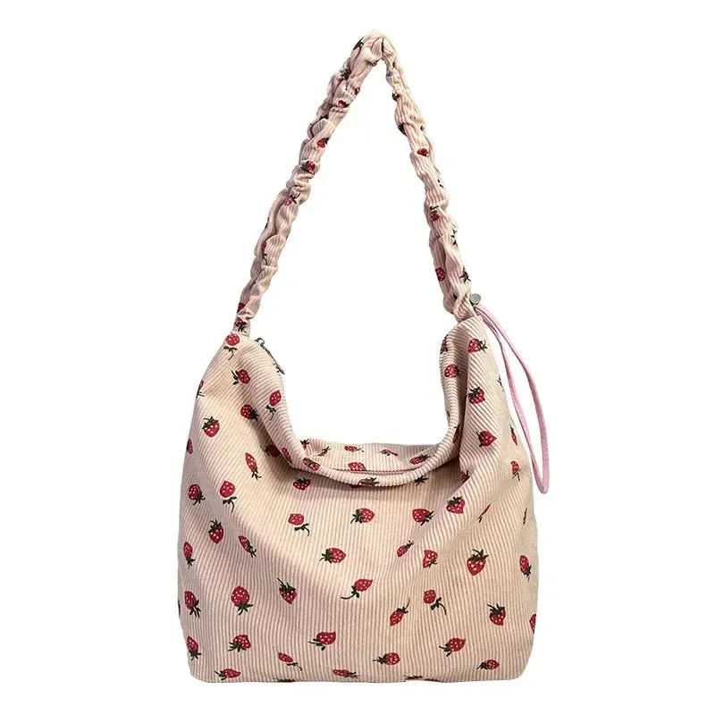 Strawberry Printed Shoulder Bag Pleated Corduroy Cross Body Messenger Bag New Large Capacity Ruched Shopping Bucket Bag Handbags