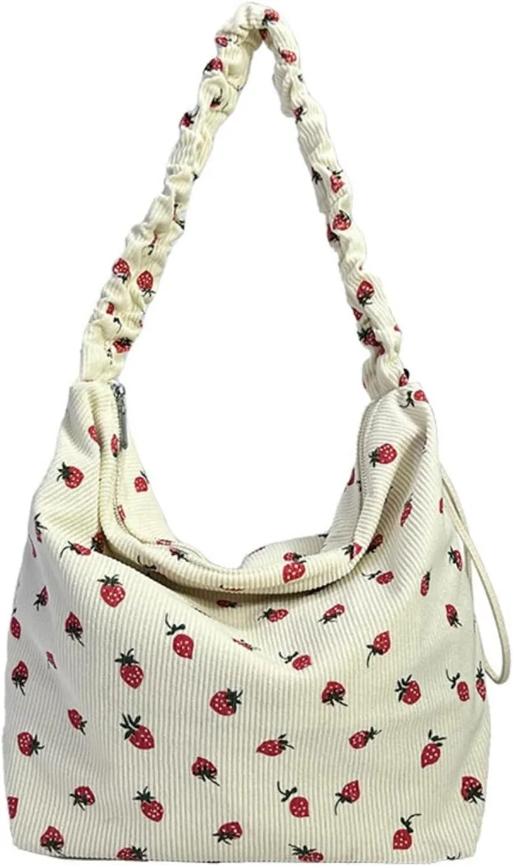 Strawberry Tote Bag for Women Corduroy Drawstring Crossbody Bag Cute Strawberry Purse Shoulder Bags Casual Bags