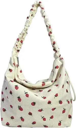 Strawberry Tote Bag for Women Corduroy Drawstring Crossbody Bag Cute Strawberry Purse Shoulder Bags Casual Bags