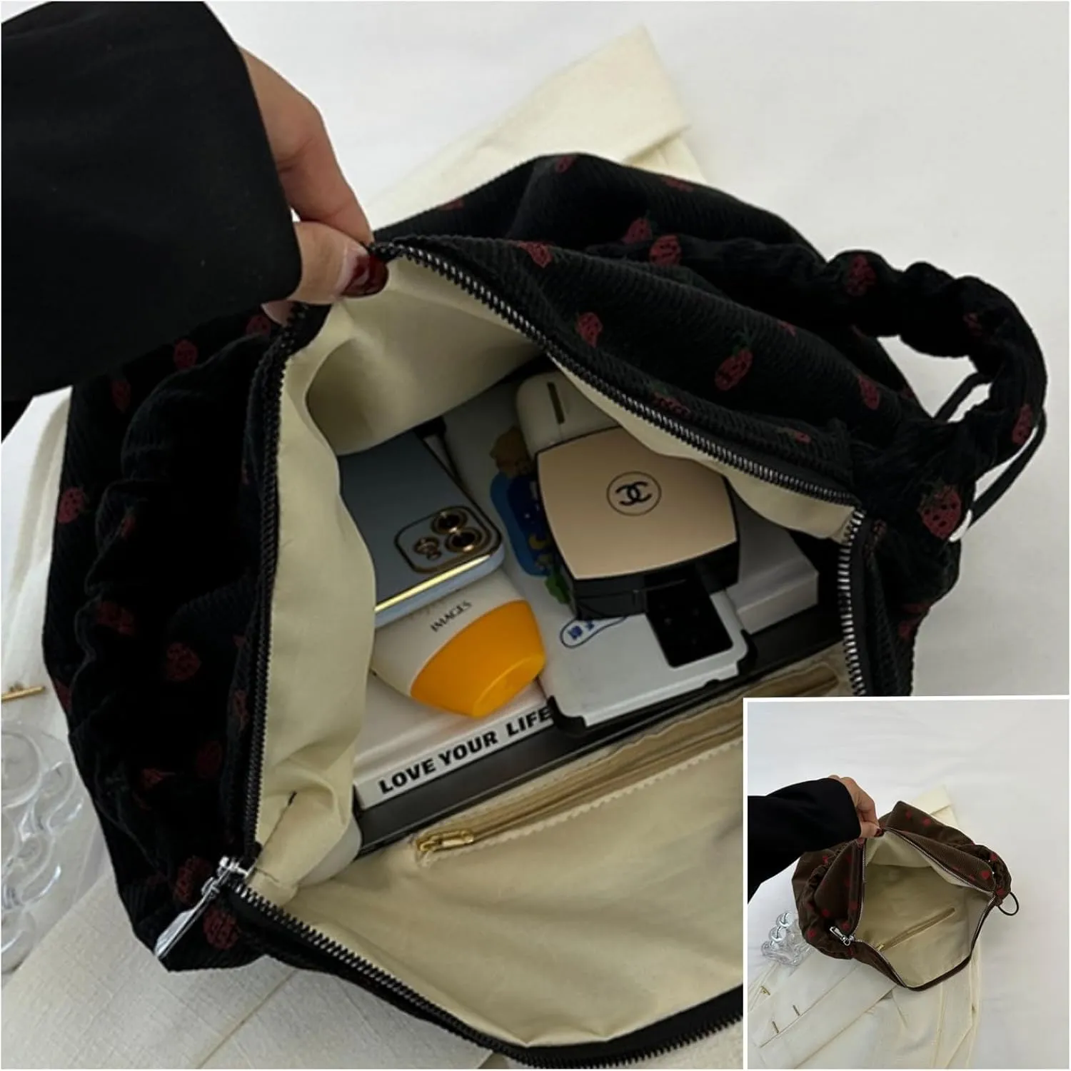 Strawberry Tote Bag for Women Corduroy Drawstring Crossbody Bag Cute Strawberry Purse Shoulder Bags Casual Bags