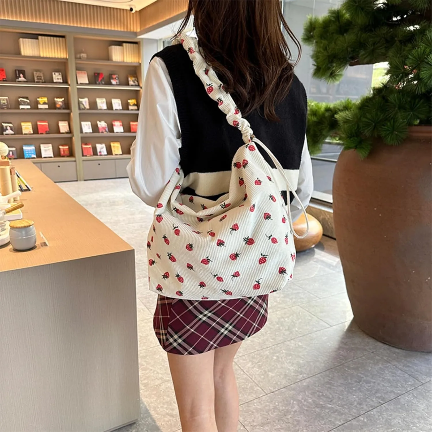 Strawberry Tote Bag for Women Corduroy Drawstring Crossbody Bag Cute Strawberry Purse Shoulder Bags Casual Bags