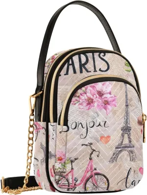 SUABO Crossbody Bag for Women, Eiffel Tower Pink Flowers Bicycle Phone Purse Detachable Chain Bag Shoulder Handbag Wallet
