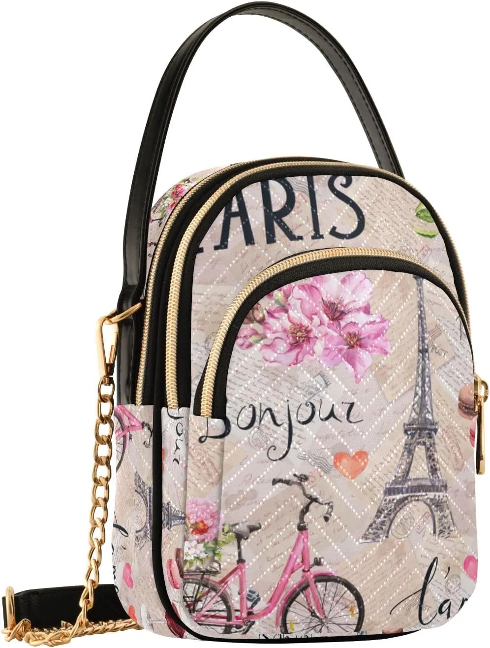 SUABO Crossbody Bag for Women, Eiffel Tower Pink Flowers Bicycle Phone Purse Detachable Chain Bag Shoulder Handbag Wallet