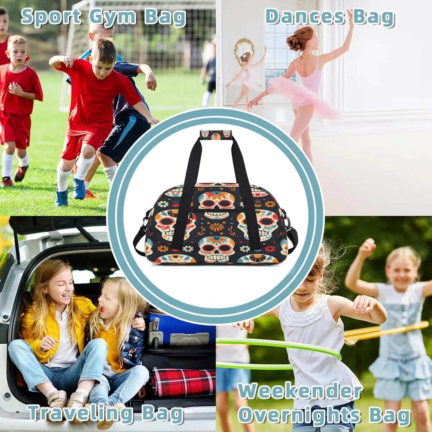 Sugar Skull Floral Small Gym Bag 18 inch Carry On Duffel Bag for Weekender Travel Sports Workout Yoga Gymnastics Dance Ballet