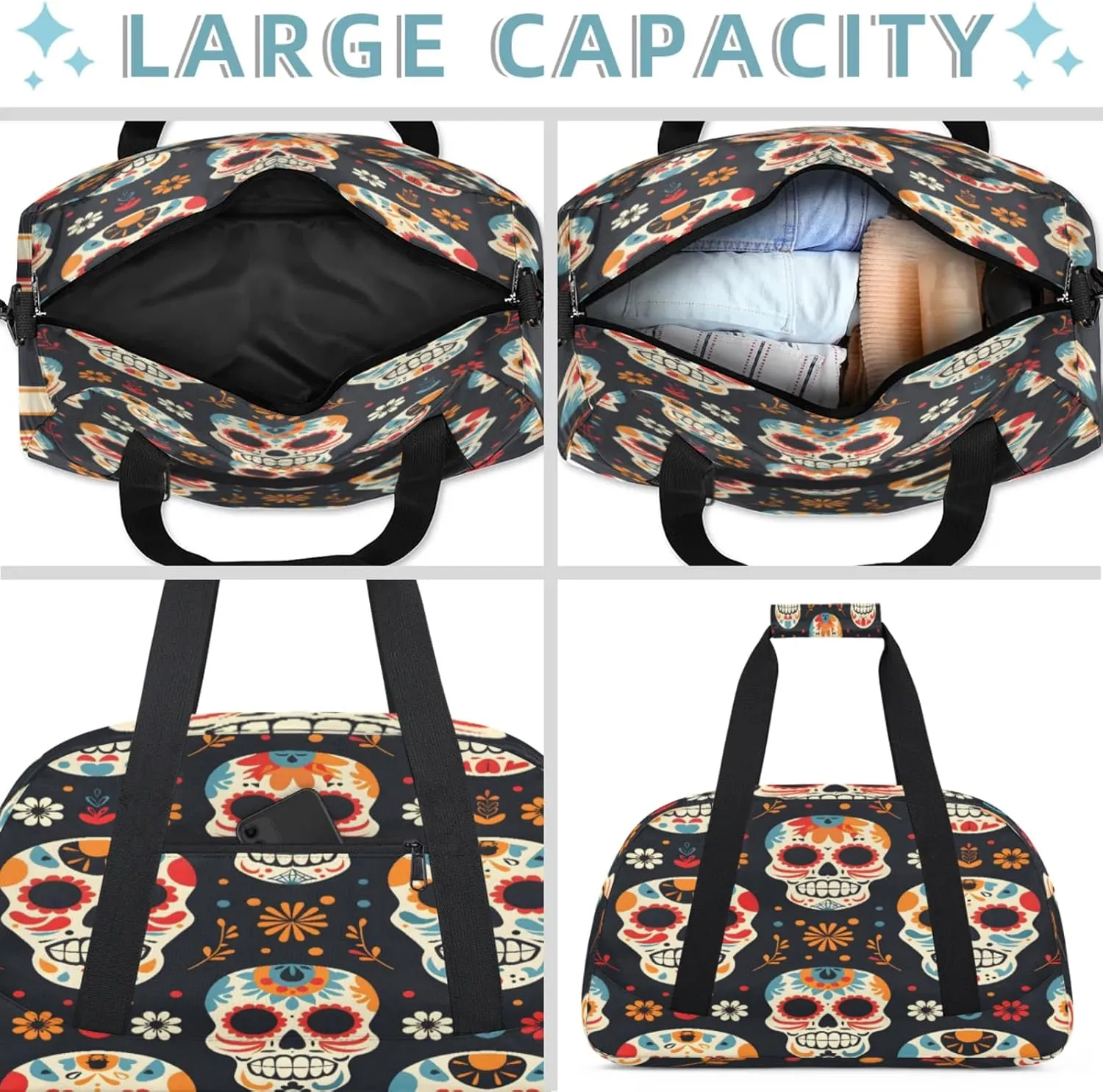 Sugar Skull Floral Small Gym Bag 18 inch Carry On Duffel Bag for Weekender Travel Sports Workout Yoga Gymnastics Dance Ballet