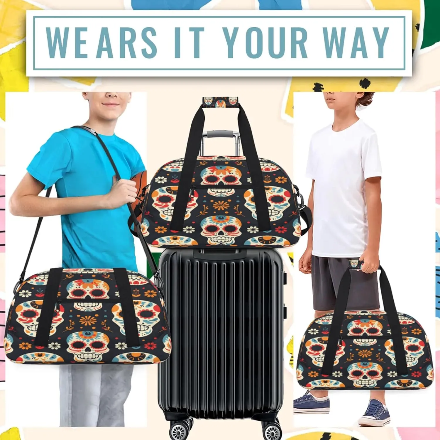 Sugar Skull Floral Small Gym Bag 18 inch Carry On Duffel Bag for Weekender Travel Sports Workout Yoga Gymnastics Dance Ballet