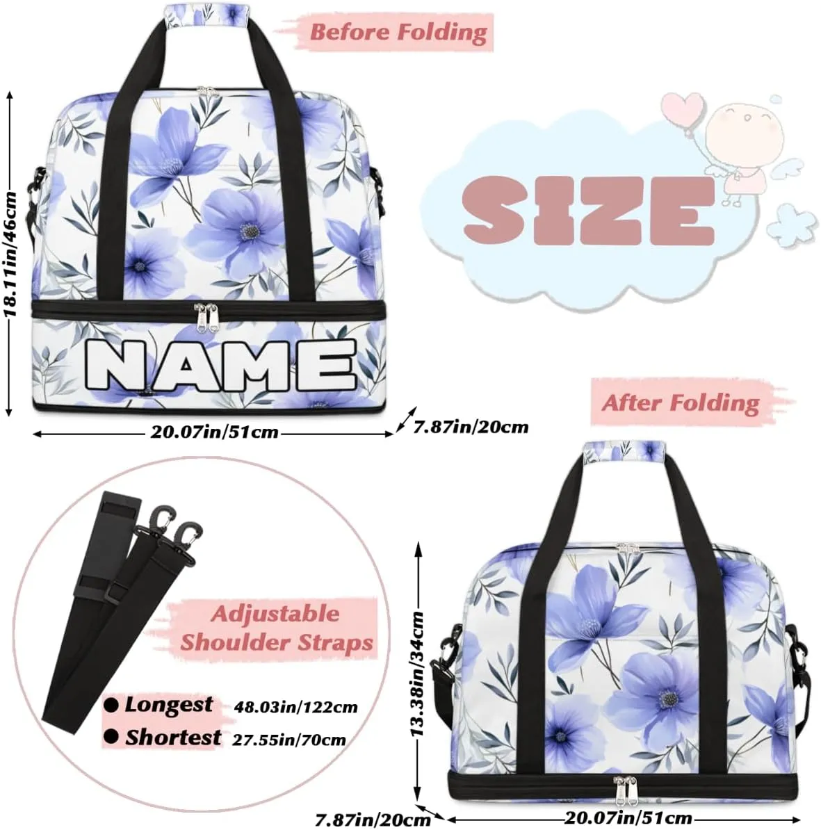 Summer Flower Custom Foldable Duffle Bag with Shoes Compartment Personalized Large Capacity Waterproof Travel Weekender Bag Overnight Bag for Sports Gym
