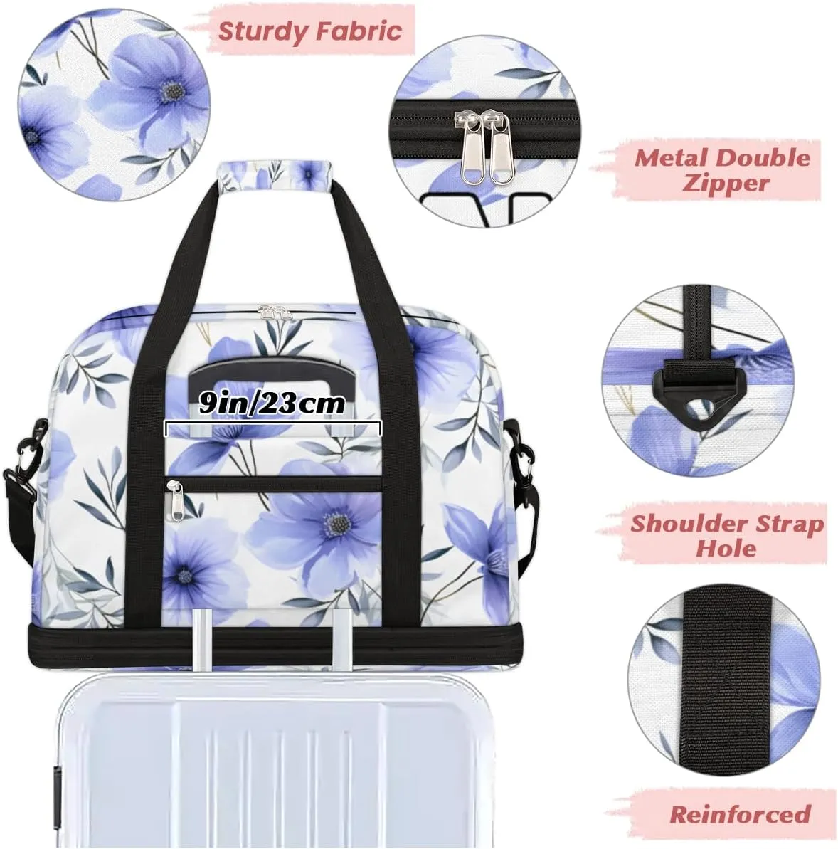 Summer Flower Custom Foldable Duffle Bag with Shoes Compartment Personalized Large Capacity Waterproof Travel Weekender Bag Overnight Bag for Sports Gym