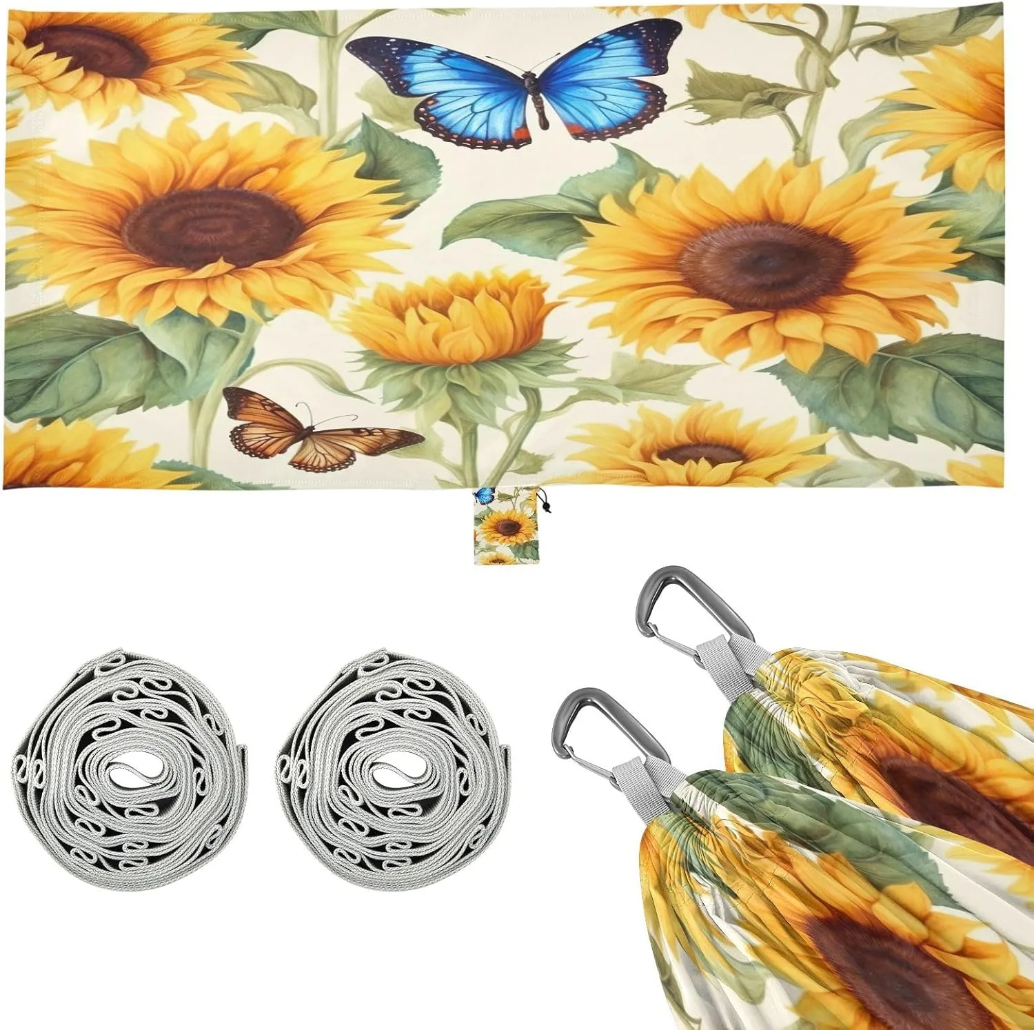 Sunflowers Butterfly Camping Hammock, Single Portable Hammocks with Tree Straps & Attached Carry Bag, 330Lbs Capacity Perfect for Outside Indoor Hiking Beach Backpack Travel