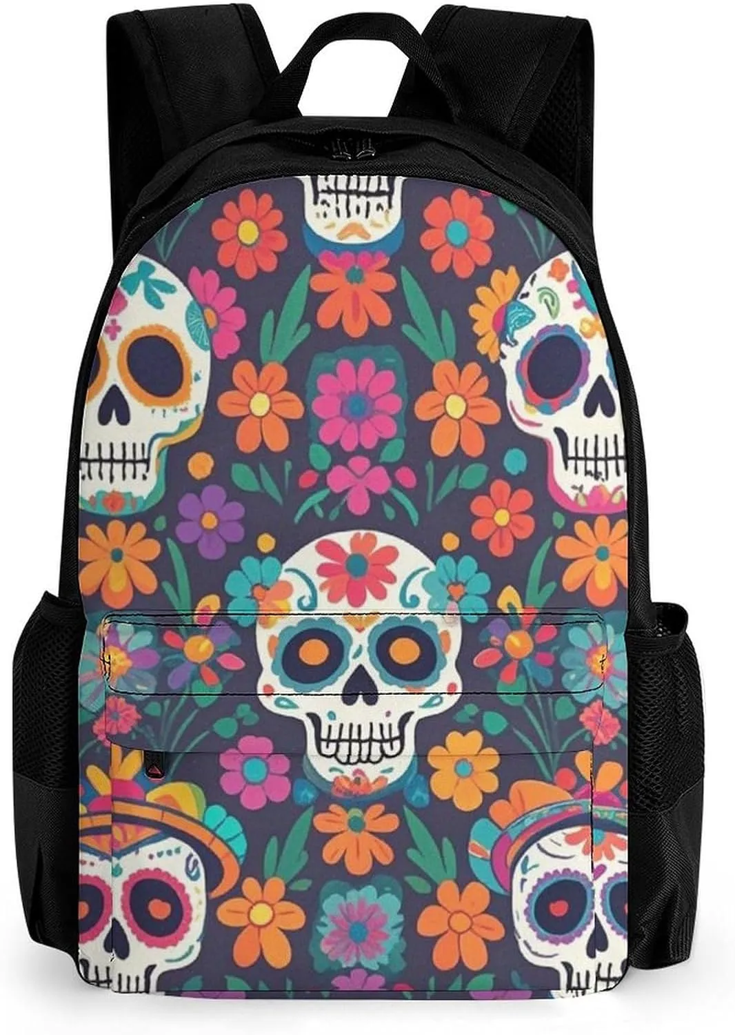 Supdreamc Adults Lightweight Day of The Dead Mexican Skull Floral Art Rucksacks Large Capacity Bookbag With Adjustable Shoulder Straps for Trekking Outdoors Bicycle