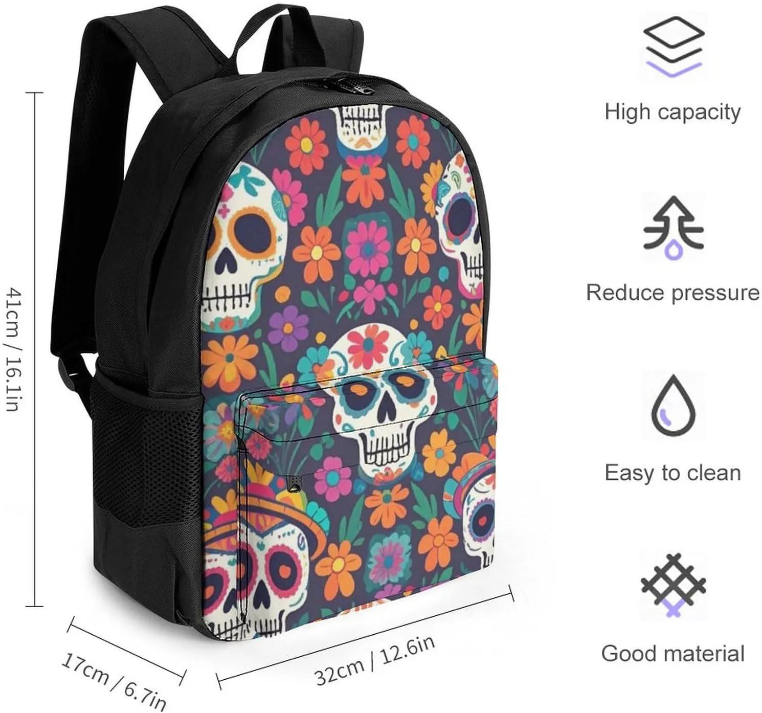 Supdreamc Adults Lightweight Day of The Dead Mexican Skull Floral Art Rucksacks Large Capacity Bookbag With Adjustable Shoulder Straps for Trekking Outdoors Bicycle