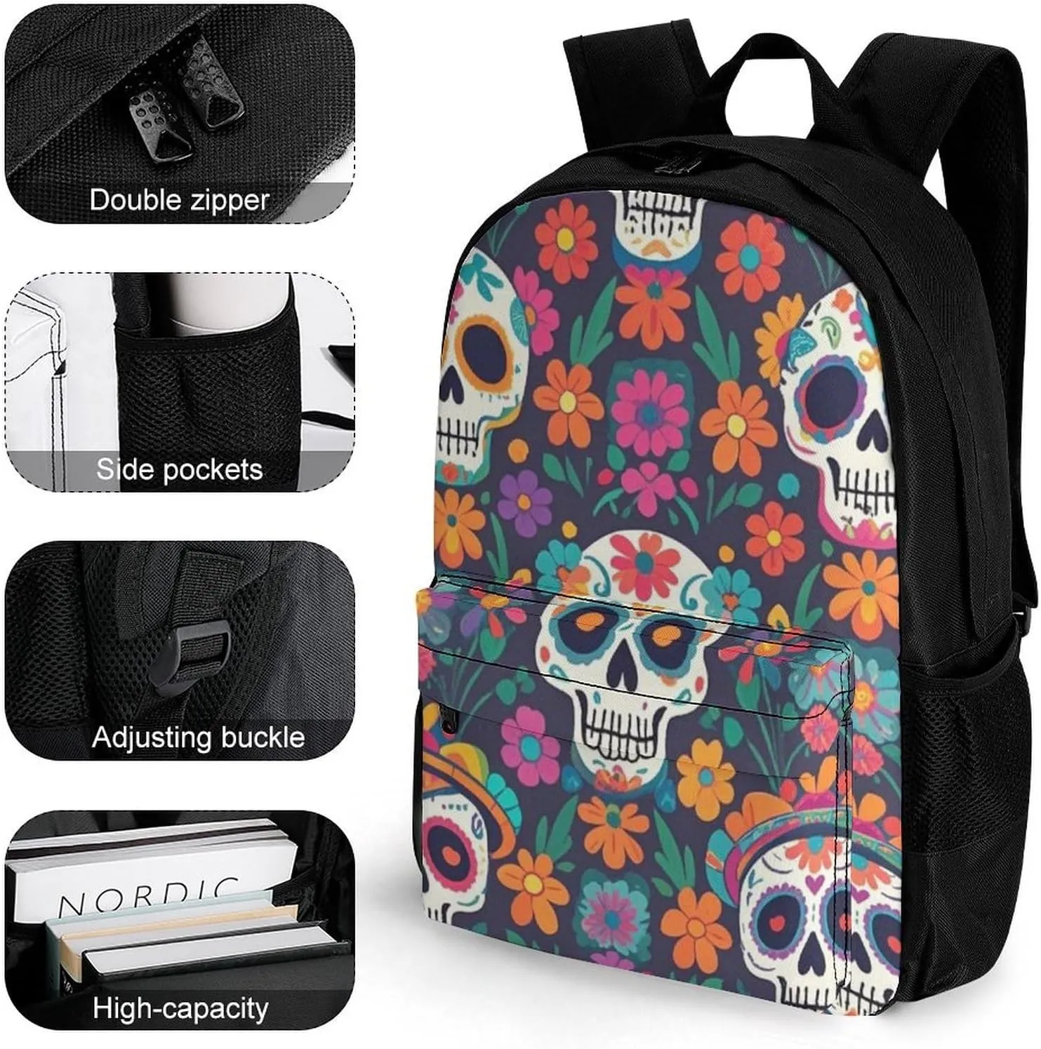 Supdreamc Adults Lightweight Day of The Dead Mexican Skull Floral Art Rucksacks Large Capacity Bookbag With Adjustable Shoulder Straps for Trekking Outdoors Bicycle