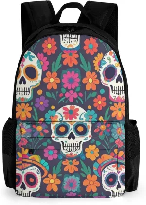 Supdreamc Adults Lightweight Day of The Dead Mexican Skull Floral Art Rucksacks Large Capacity Bookbag With Adjustable Shoulder Straps for Trekking Outdoors Bicycle