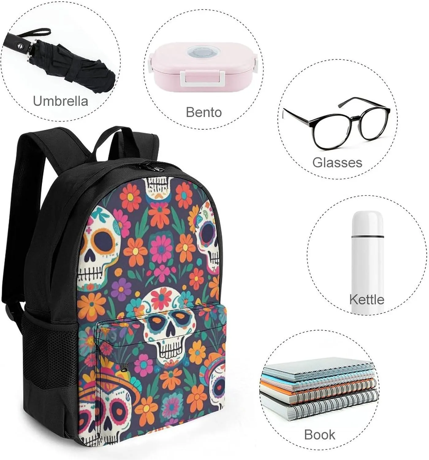 Supdreamc Adults Lightweight Day of The Dead Mexican Skull Floral Art Rucksacks Large Capacity Bookbag With Adjustable Shoulder Straps for Trekking Outdoors Bicycle