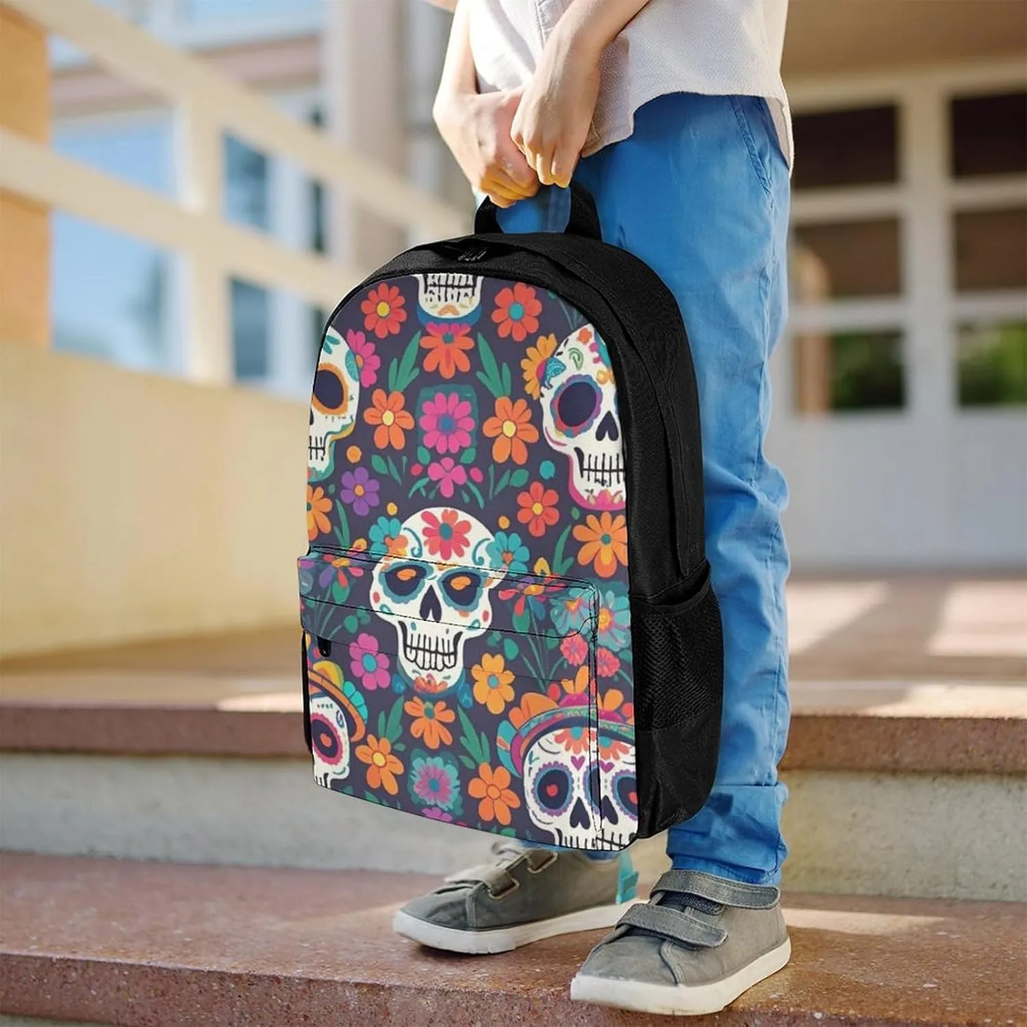 Supdreamc Adults Lightweight Day of The Dead Mexican Skull Floral Art Rucksacks Large Capacity Bookbag With Adjustable Shoulder Straps for Trekking Outdoors Bicycle