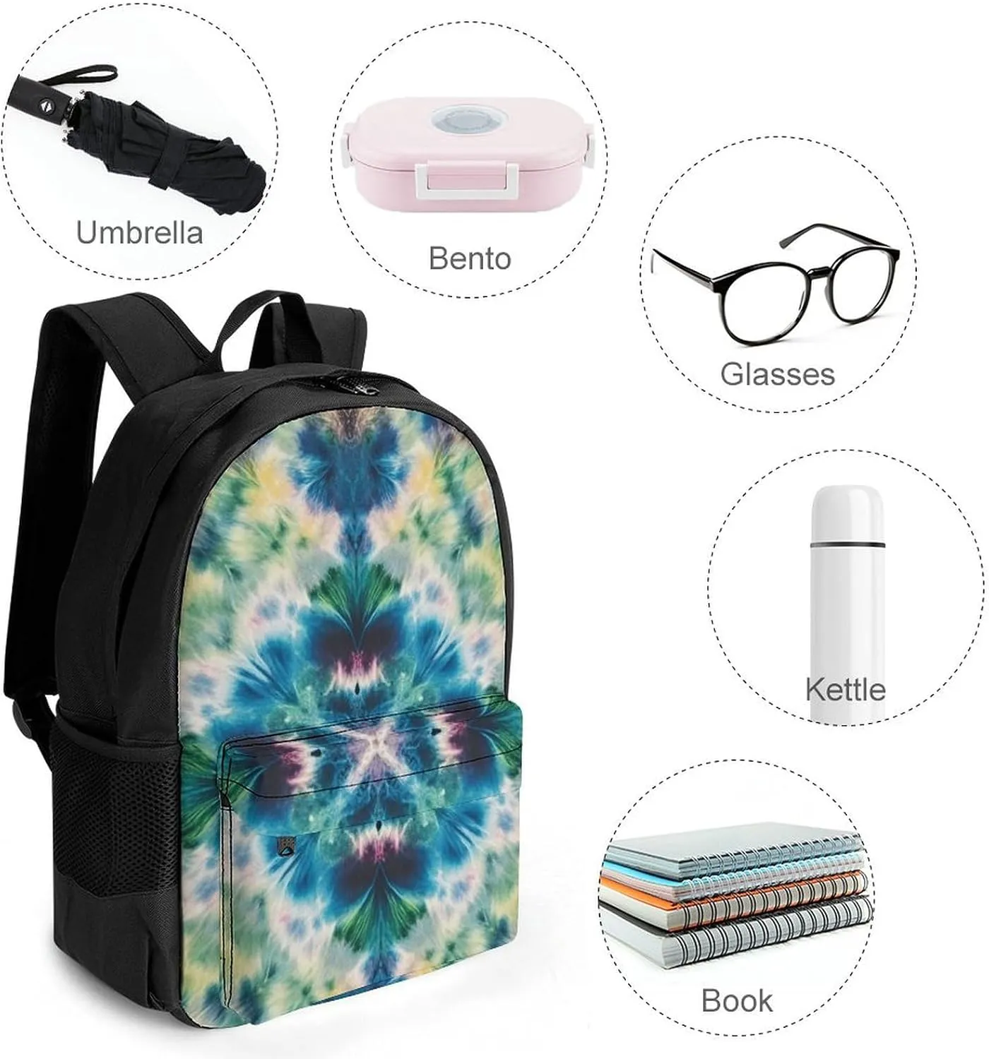 Supdreamc Colorful Tie Dye Art Backpack Polyester Anti-Theft Multipurpose Bookbag Large Capacity Laptop Book Bag Rucksack With Side Pockets
