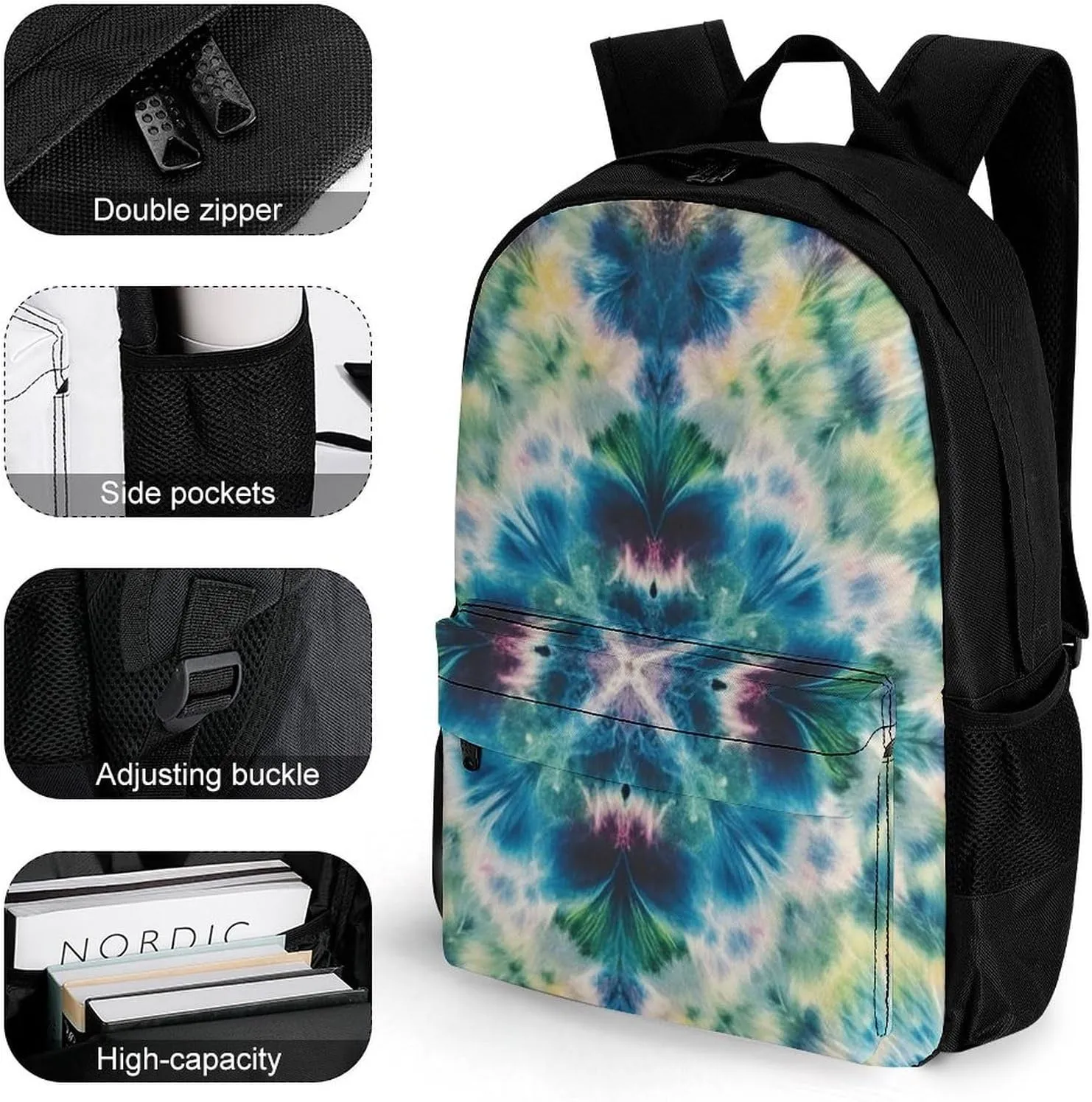 Supdreamc Colorful Tie Dye Art Backpack Polyester Anti-Theft Multipurpose Bookbag Large Capacity Laptop Book Bag Rucksack With Side Pockets