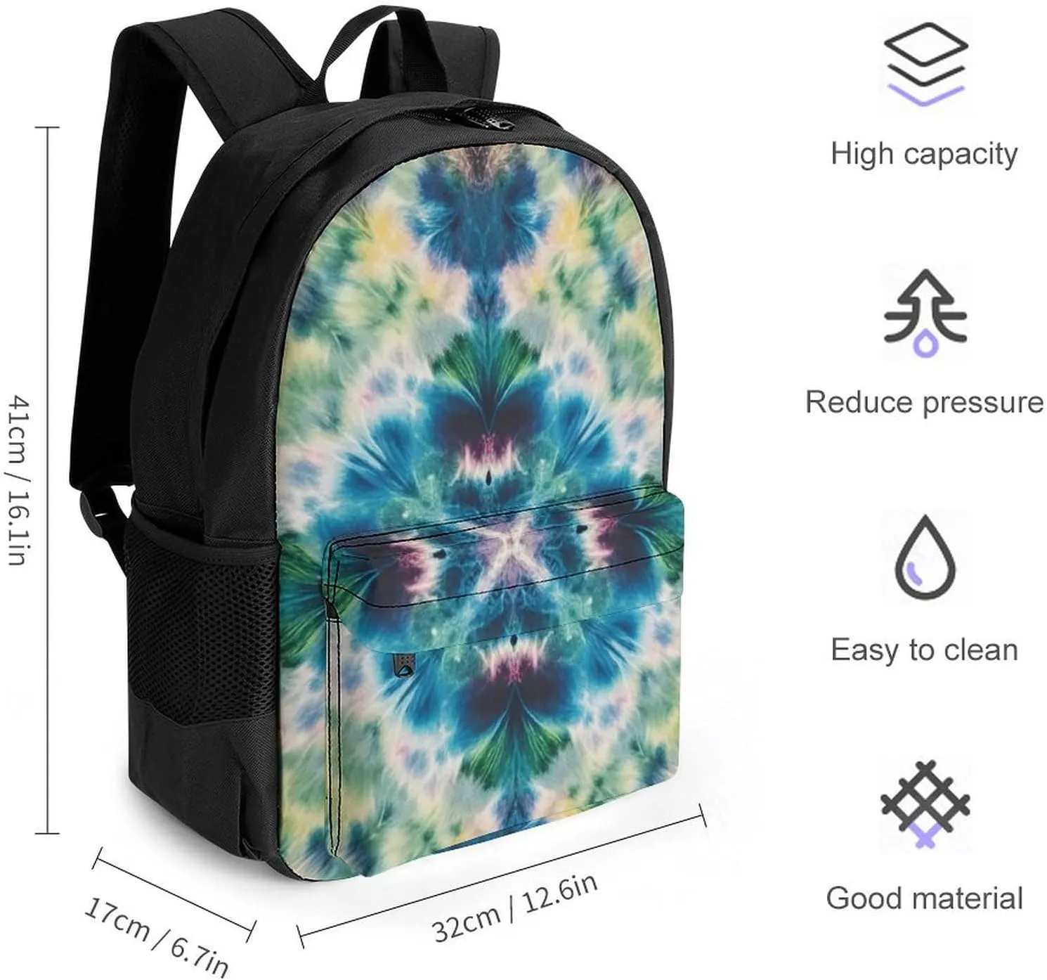 Supdreamc Colorful Tie Dye Art Backpack Polyester Anti-Theft Multipurpose Bookbag Large Capacity Laptop Book Bag Rucksack With Side Pockets