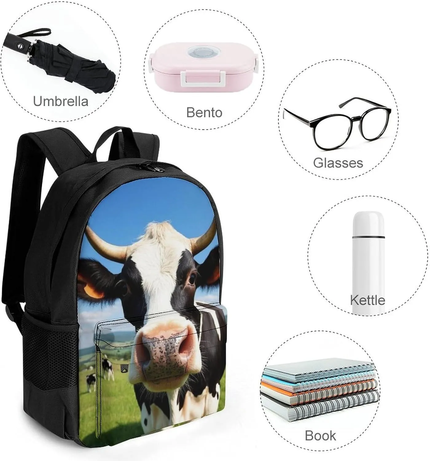 Supdreamc Lightweight Daypack Bookbag for Trekking Business Walking Cycling - Big Capacity Anti-Theft Multipurpose Carry On Bag, Cute Milk Cow Business Computer Bag