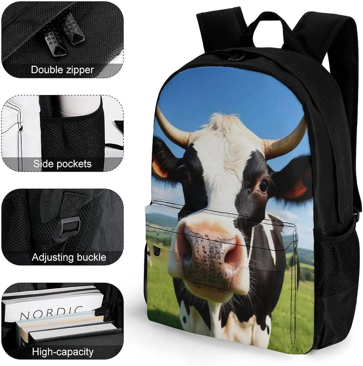Supdreamc Lightweight Daypack Bookbag for Trekking Business Walking Cycling - Big Capacity Anti-Theft Multipurpose Carry On Bag, Cute Milk Cow Business Computer Bag
