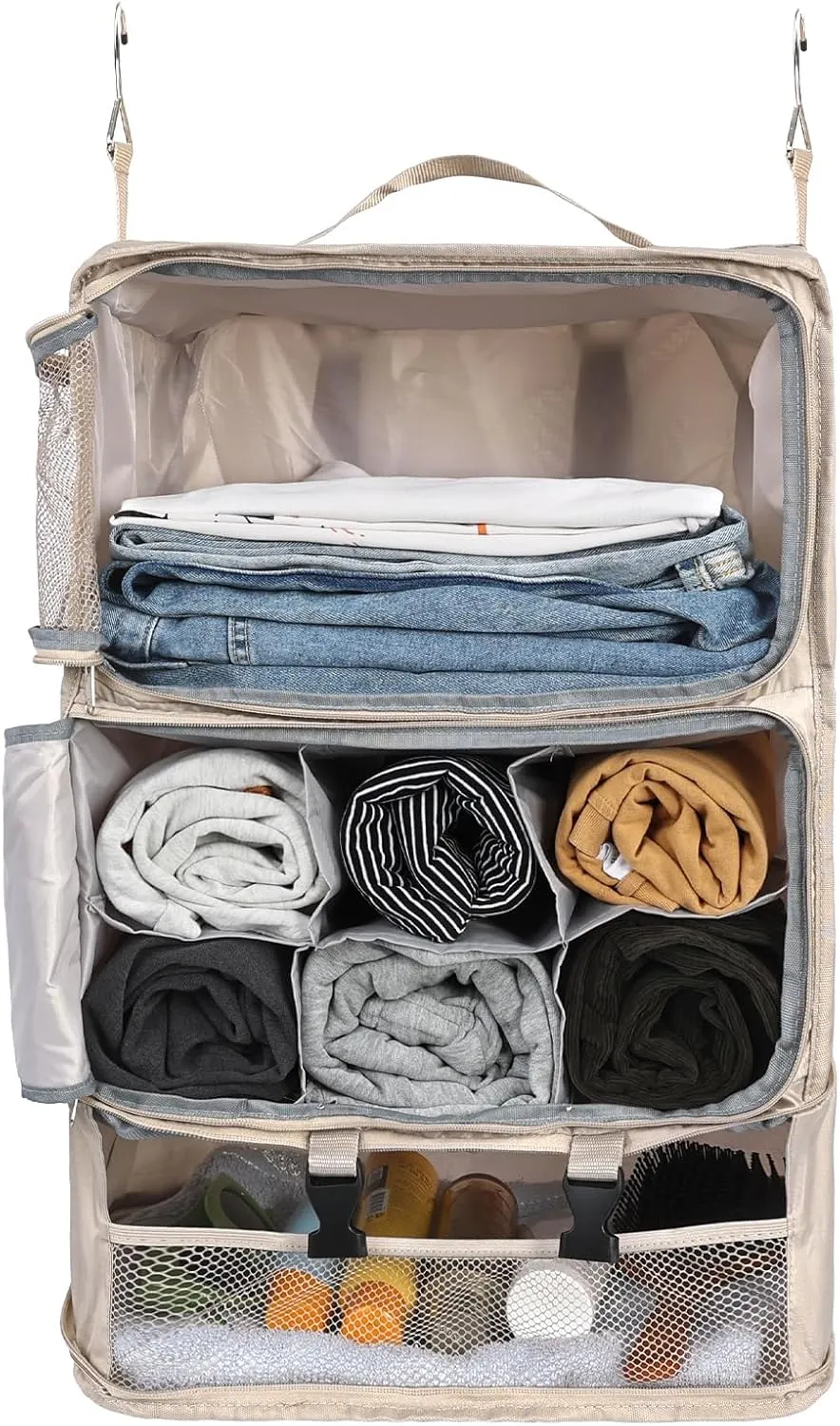 Surblue Hanging Shelves Travel Compression Packing Cube for Carry-on Luggage Suitcase Collapsible Transformable Garment Closet Organizers Large Capacity, Beige, XXL
