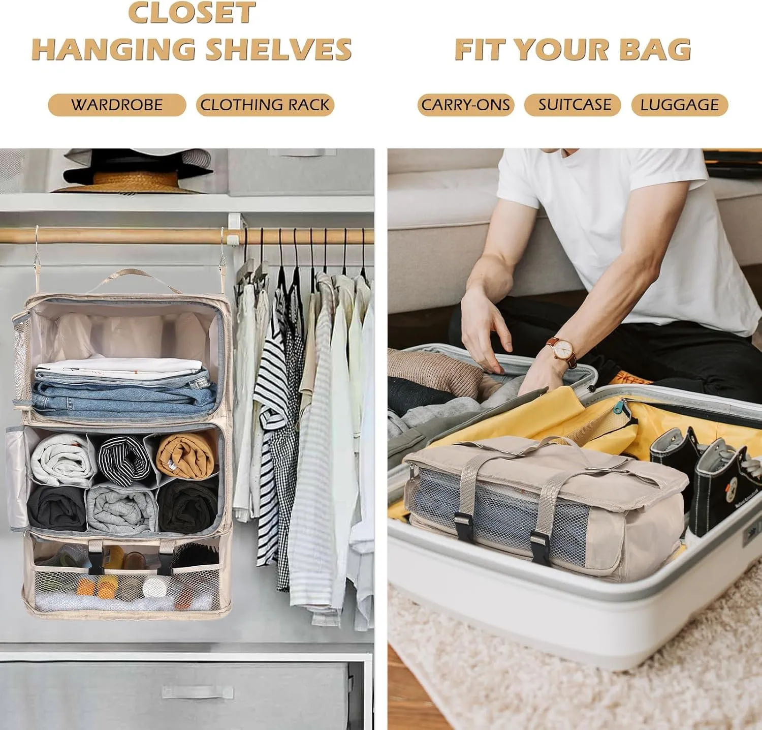 Surblue Hanging Shelves Travel Compression Packing Cube for Carry-on Luggage Suitcase Collapsible Transformable Garment Closet Organizers Large Capacity, Beige, XXL