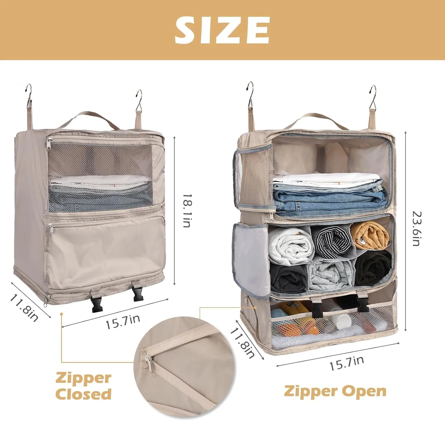 Surblue Hanging Shelves Travel Compression Packing Cube for Carry-on Luggage Suitcase Collapsible Transformable Garment Closet Organizers Large Capacity, Beige, XXL