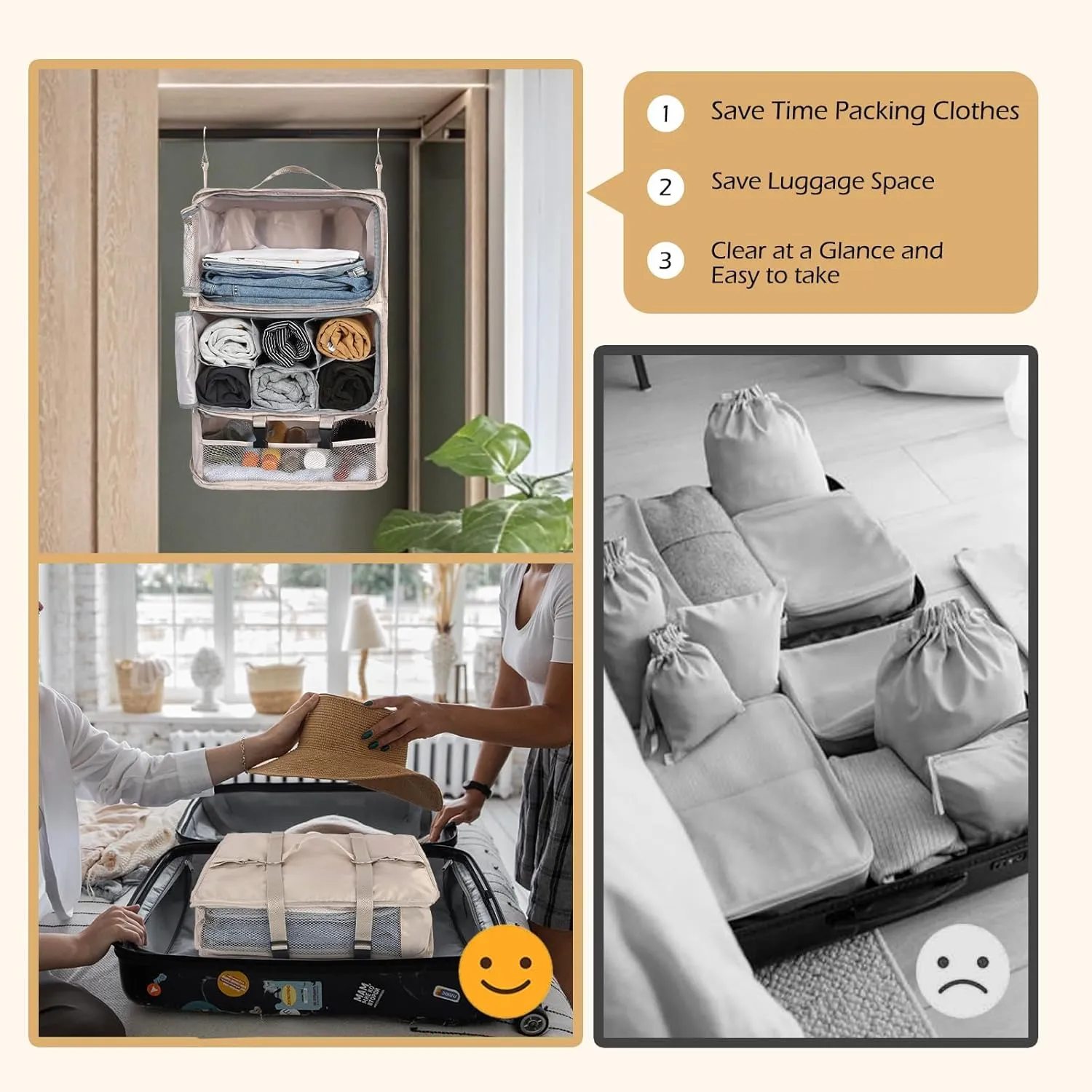 Surblue Hanging Shelves Travel Compression Packing Cube for Carry-on Luggage Suitcase Collapsible Transformable Garment Closet Organizers Large Capacity, Beige, XXL