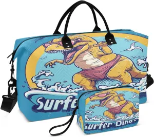 Surfing Dinosaur Wave Sports Gym Bag for Women Men Travel Duffel Bag Weekend Overnight Carry on Bag with Toiletry Bag Training Handbag for Yoga Workout Swimming Hospital Plane