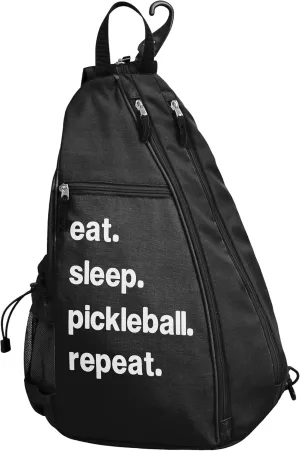 Sweet Jojo Designs Black Pickleball Bag – Sling Backpack Crossbody Paddle Travel Pickle Ball Bags Gifts for Women and Men Unisex - Sports Pun Funny Quote Sayings Eat Sleep Pickleball Repeat