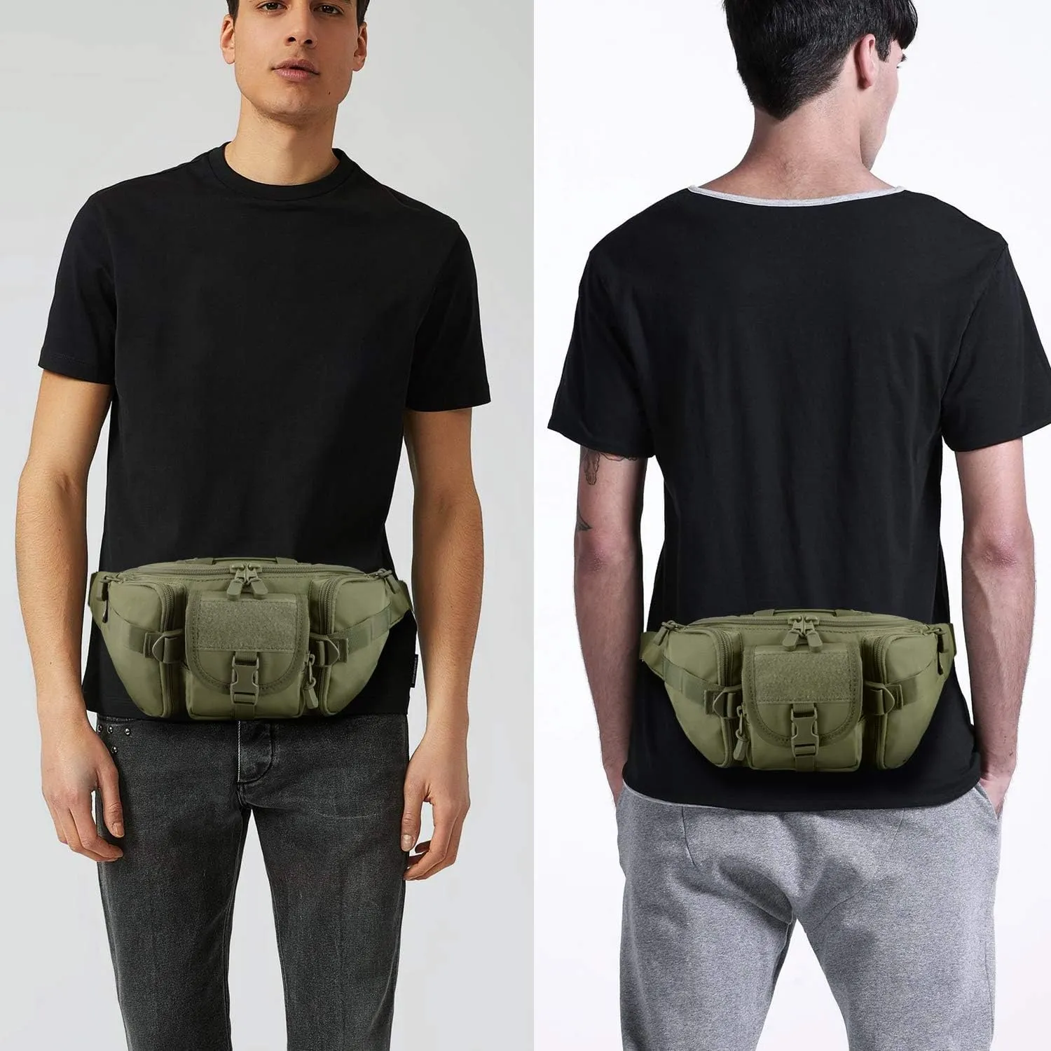 Tactical Fanny Pack Military Waist Bag Pack with USA Flag Patch Utility Hip Pack with Adjustable Strap for Outdoors Fishing Cycling Camping Hiking Dog Walking (Army green)