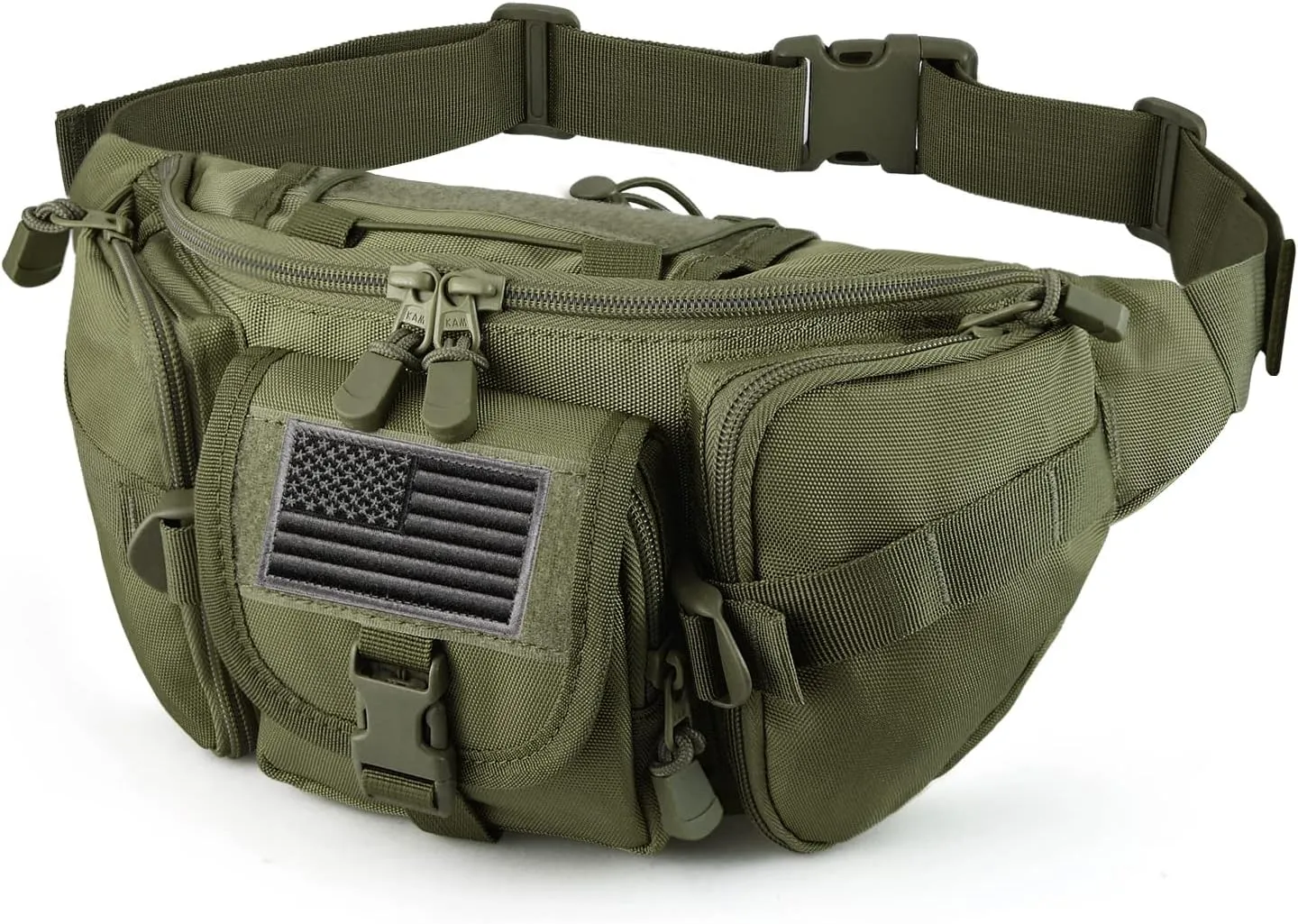 Tactical Fanny Pack Military Waist Bag Pack with USA Flag Patch Utility Hip Pack with Adjustable Strap for Outdoors Fishing Cycling Camping Hiking Dog Walking (Army green)