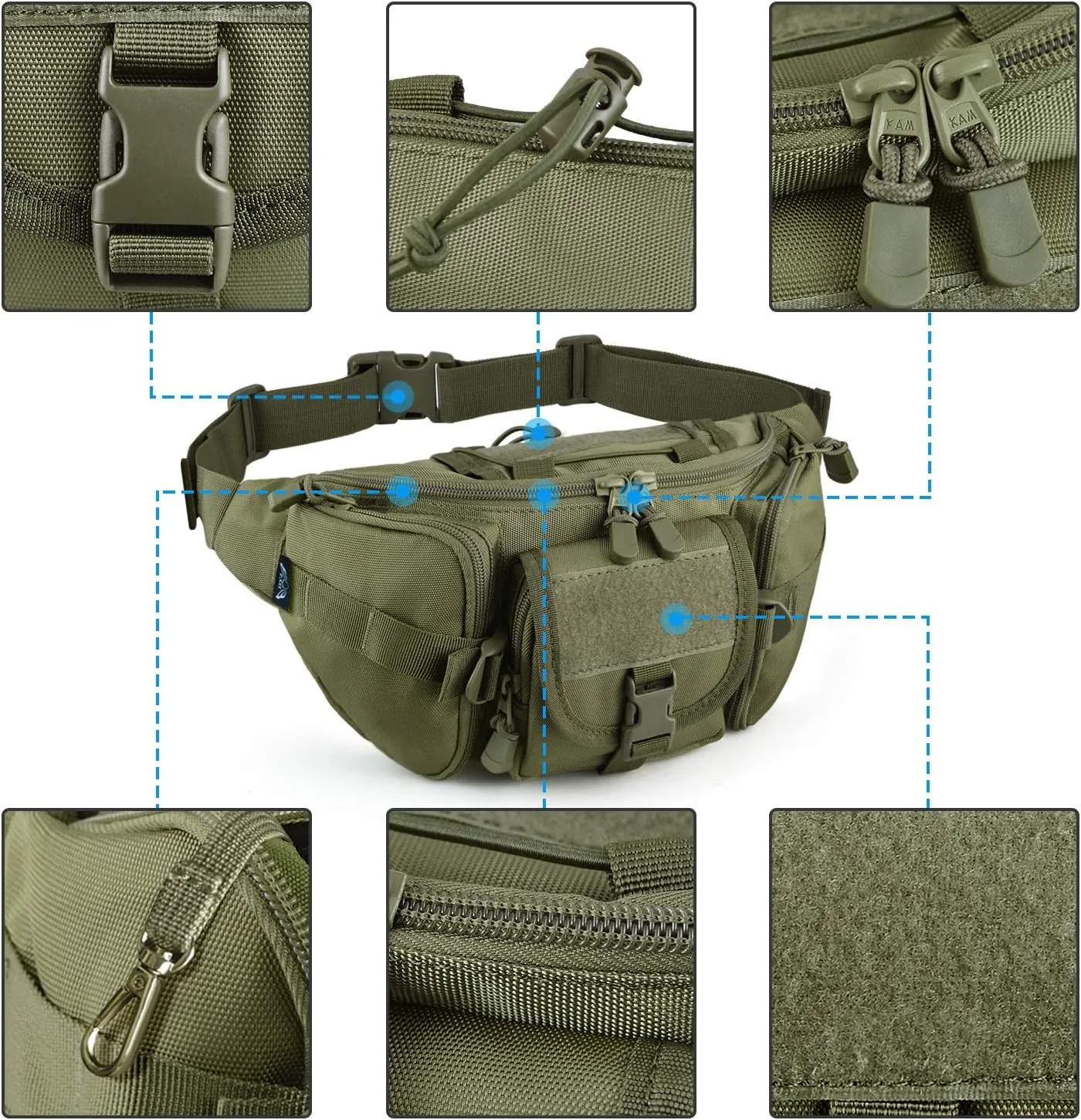 Tactical Fanny Pack Military Waist Bag Pack with USA Flag Patch Utility Hip Pack with Adjustable Strap for Outdoors Fishing Cycling Camping Hiking Dog Walking (Army green)