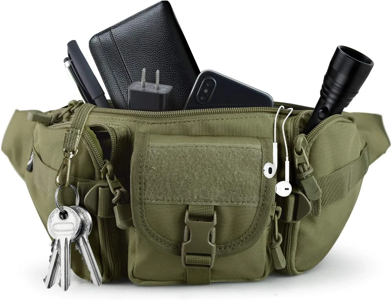 Tactical Fanny Pack Military Waist Bag Pack with USA Flag Patch Utility Hip Pack with Adjustable Strap for Outdoors Fishing Cycling Camping Hiking Dog Walking (Army green)