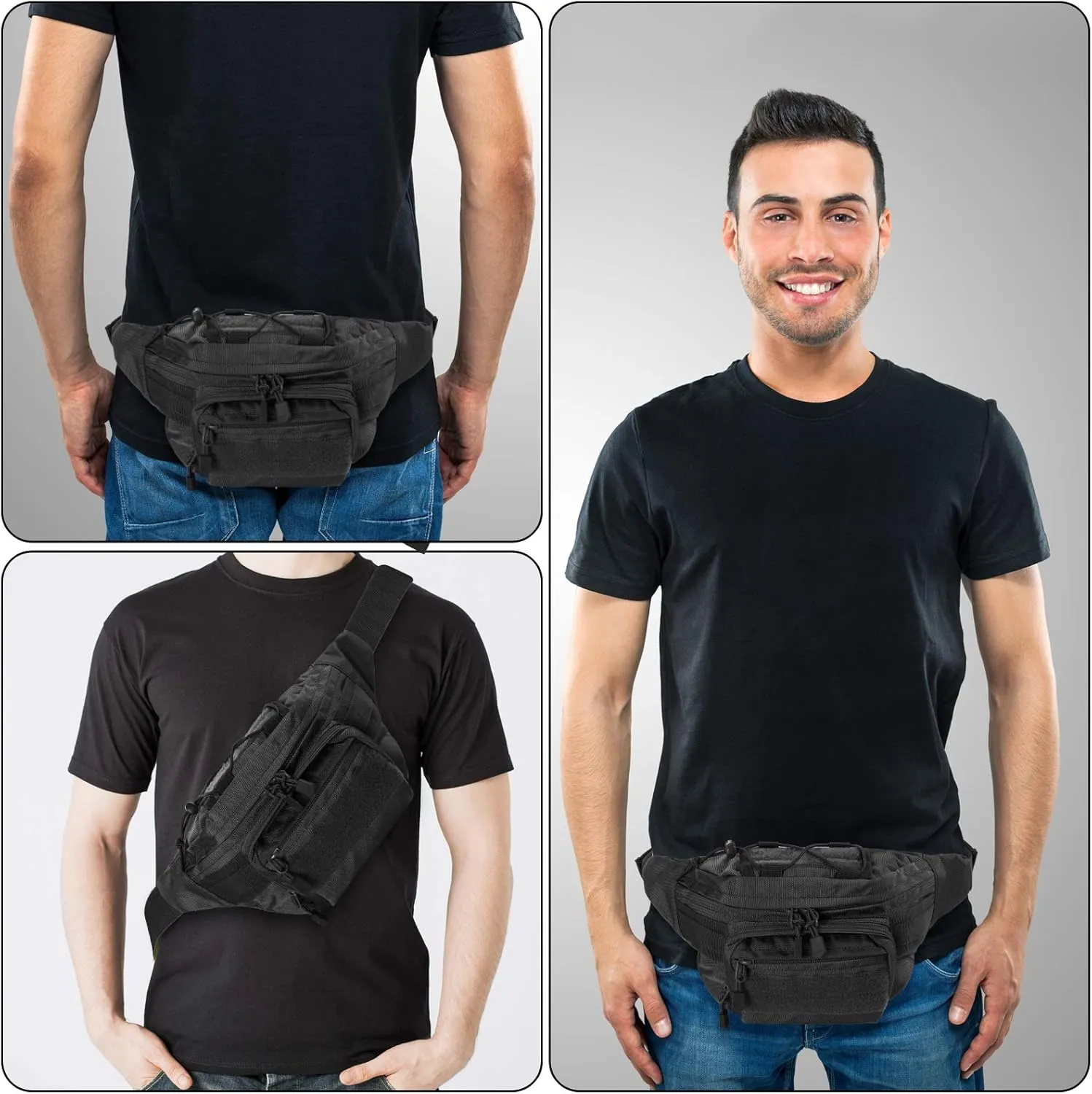 Tactical Fanny Pack Military Waist Bag Pack with USA Flag Patch Utility Hip Pack with Adjustable Strap for Outdoors Fishing Cycling Camping Hiking Dog Walking (Black 2)