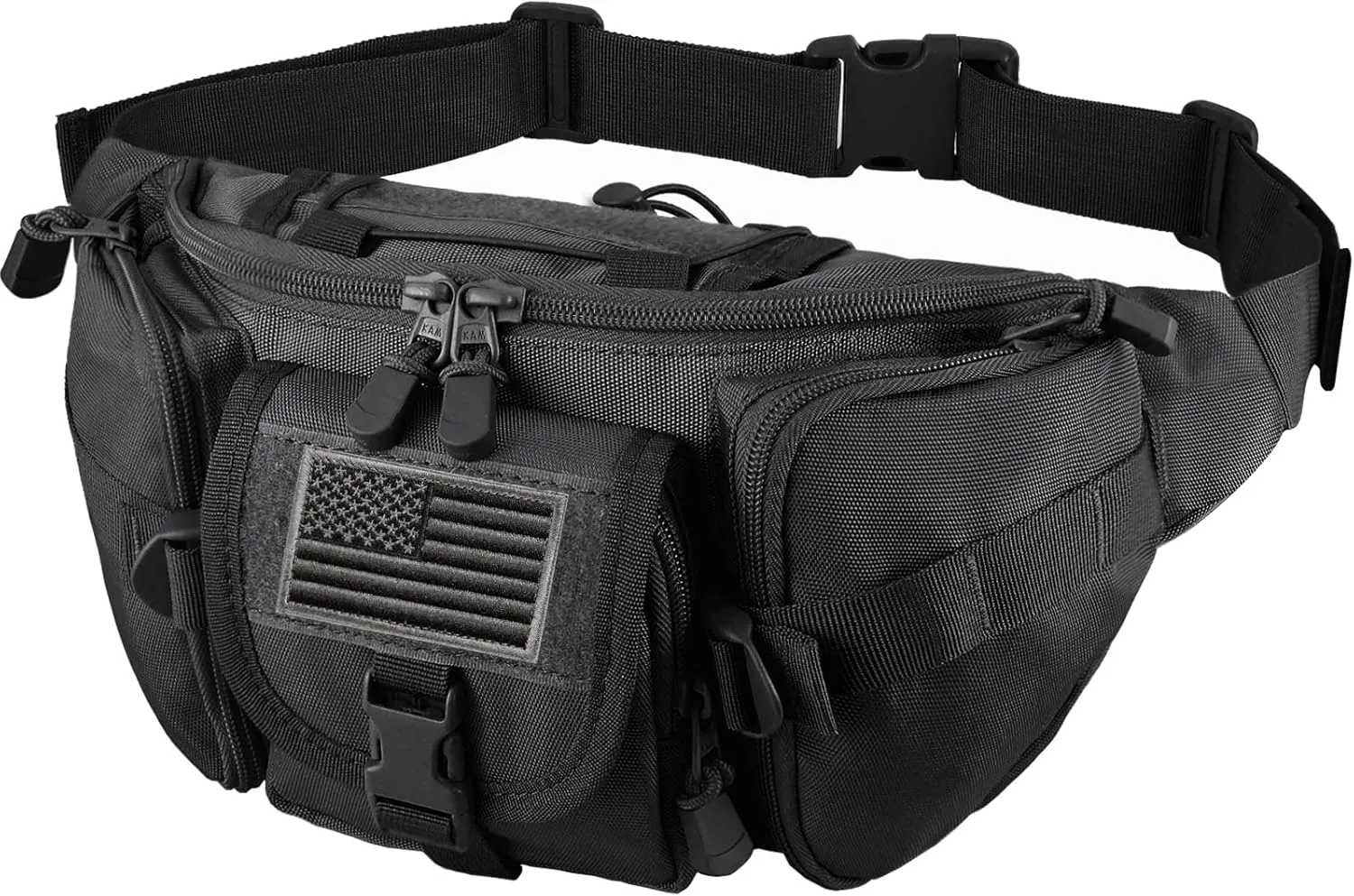 Tactical Fanny Pack Military Waist Bag Pack with USA Flag Patch Utility Hip Pack with Adjustable Strap for Outdoors Fishing Cycling Camping Hiking Dog Walking (Black)